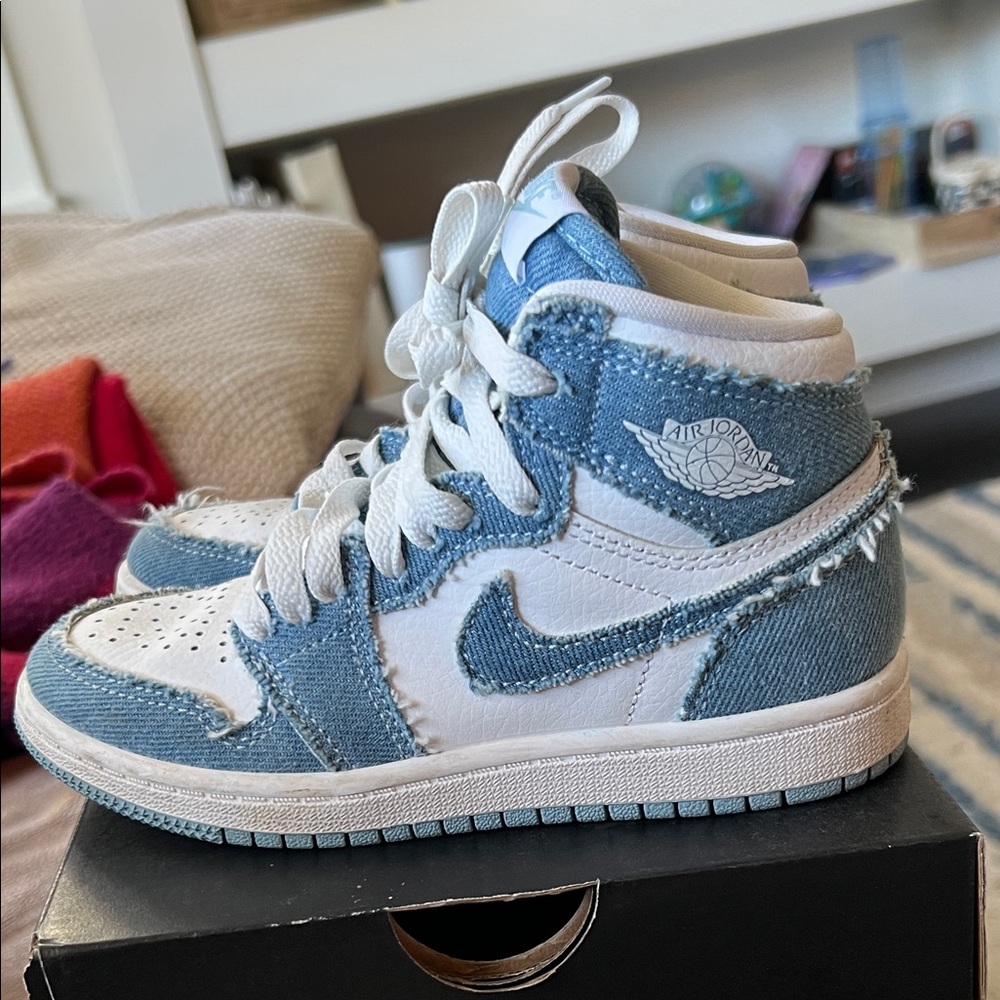 Jordan 1 Mid Kids' White and Light Blue Denim Sneakers
